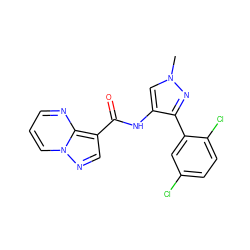 Cn1cc(NC(=O)c2cnn3cccnc23)c(-c2cc(Cl)ccc2Cl)n1 ZINC000095579181