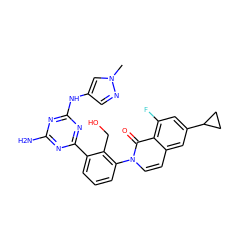 Cn1cc(Nc2nc(N)nc(-c3cccc(-n4ccc5cc(C6CC6)cc(F)c5c4=O)c3CO)n2)cn1 ZINC000215888017