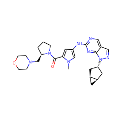 Cn1cc(Nc2ncc3cnn([C@H]4C[C@@H]5C[C@@H]5C4)c3n2)cc1C(=O)N1CCC[C@@H]1CN1CCOCC1 ZINC000101500504