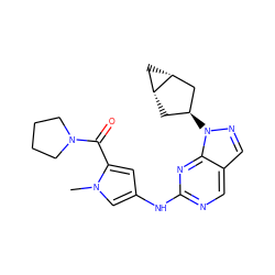 Cn1cc(Nc2ncc3cnn([C@H]4C[C@@H]5C[C@@H]5C4)c3n2)cc1C(=O)N1CCCC1 ZINC000101500489