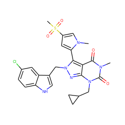 Cn1cc(S(C)(=O)=O)cc1-c1c2c(=O)n(C)c(=O)n(CC3CC3)c2nn1Cc1c[nH]c2ccc(Cl)cc12 ZINC000053281658