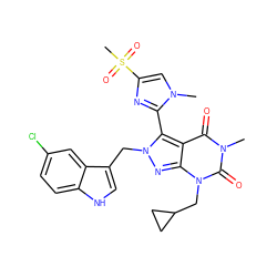 Cn1cc(S(C)(=O)=O)nc1-c1c2c(=O)n(C)c(=O)n(CC3CC3)c2nn1Cc1c[nH]c2ccc(Cl)cc12 ZINC000101200964