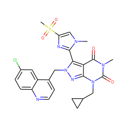 Cn1cc(S(C)(=O)=O)nc1-c1c2c(=O)n(C)c(=O)n(CC3CC3)c2nn1Cc1ccnc2ccc(Cl)cc12 ZINC000053277674