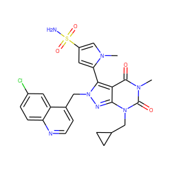 Cn1cc(S(N)(=O)=O)cc1-c1c2c(=O)n(C)c(=O)n(CC3CC3)c2nn1Cc1ccnc2ccc(Cl)cc12 ZINC000101200701