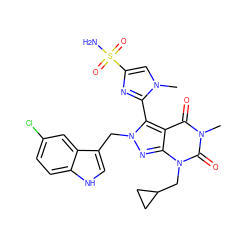 Cn1cc(S(N)(=O)=O)nc1-c1c2c(=O)n(C)c(=O)n(CC3CC3)c2nn1Cc1c[nH]c2ccc(Cl)cc12 ZINC000053277656