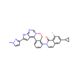 Cn1ccc(-c2cc3c(-c4cccc(-n5ccc6cc(C7CC7)cc(F)c6c5=O)c4CO)ncnc3[nH]2)n1 ZINC000299871258