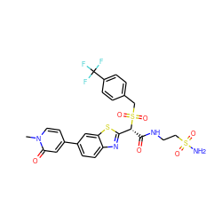 Cn1ccc(-c2ccc3nc([C@@H](C(=O)NCCS(N)(=O)=O)S(=O)(=O)Cc4ccc(C(F)(F)F)cc4)sc3c2)cc1=O ZINC000222083511