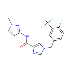 Cn1ccc(NC(=O)c2cn(Cc3ccc(Cl)c(C(F)(F)F)c3)cn2)n1 ZINC000066078844