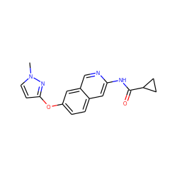 Cn1ccc(Oc2ccc3cc(NC(=O)C4CC4)ncc3c2)n1 ZINC000144319354