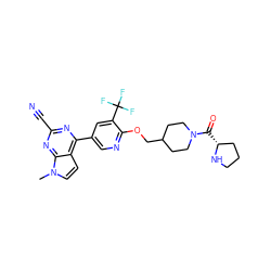 Cn1ccc2c(-c3cnc(OCC4CCN(C(=O)[C@@H]5CCCN5)CC4)c(C(F)(F)F)c3)nc(C#N)nc21 ZINC001772622306