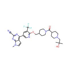 Cn1ccc2c(-c3cnc(OCC4CCN(C(=O)C5CCN(CC(C)(C)O)CC5)CC4)c(C(F)(F)F)c3)nc(C#N)nc21 ZINC001772573137