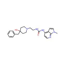 Cn1ccc2c(NC(=O)NCCN3CCC(O)(Cc4ccccc4)CC3)ccnc21 ZINC000221448486