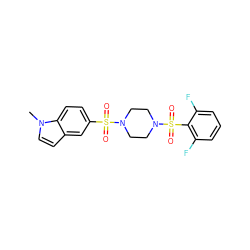 Cn1ccc2cc(S(=O)(=O)N3CCN(S(=O)(=O)c4c(F)cccc4F)CC3)ccc21 ZINC000036379062