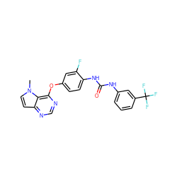 Cn1ccc2ncnc(Oc3ccc(NC(=O)Nc4cccc(C(F)(F)F)c4)c(F)c3)c21 ZINC000034802749