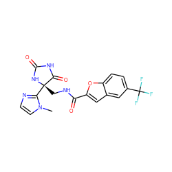 Cn1ccnc1[C@]1(CNC(=O)c2cc3cc(C(F)(F)F)ccc3o2)NC(=O)NC1=O ZINC000299837686