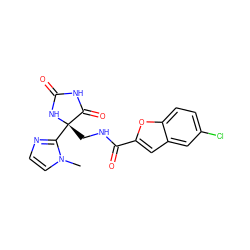 Cn1ccnc1[C@]1(CNC(=O)c2cc3cc(Cl)ccc3o2)NC(=O)NC1=O ZINC000219659660