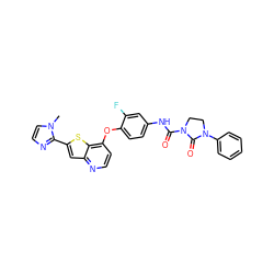 Cn1ccnc1-c1cc2nccc(Oc3ccc(NC(=O)N4CCN(c5ccccc5)C4=O)cc3F)c2s1 ZINC000042851610