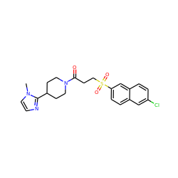 Cn1ccnc1C1CCN(C(=O)CCS(=O)(=O)c2ccc3cc(Cl)ccc3c2)CC1 ZINC000040917742