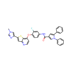 Cn1cnc(-c2cc3nccc(Oc4ccc(NC(=O)c5cc(-c6ccccc6)n(-c6ccccc6)c5)cc4F)c3s2)c1 ZINC000473134984