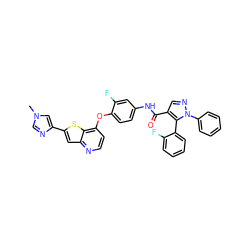 Cn1cnc(-c2cc3nccc(Oc4ccc(NC(=O)c5cnn(-c6ccccc6)c5-c5ccccc5F)cc4F)c3s2)c1 ZINC000473135899