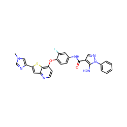 Cn1cnc(-c2cc3nccc(Oc4ccc(NC(=O)c5cnn(-c6ccccc6)c5N)cc4F)c3s2)c1 ZINC000049784921