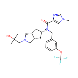 Cn1cnc(C(=O)N(Cc2cccc(OC(F)(F)F)c2)[C@@H]2C[C@@H]3CN(CC(C)(C)O)C[C@@H]3C2)c1 ZINC000101322145