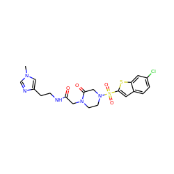 Cn1cnc(CCNC(=O)CN2CCN(S(=O)(=O)c3cc4ccc(Cl)cc4s3)CC2=O)c1 ZINC000029464547