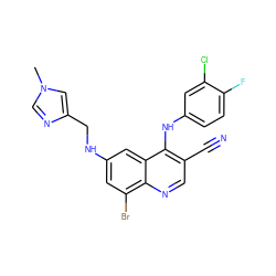 Cn1cnc(CNc2cc(Br)c3ncc(C#N)c(Nc4ccc(F)c(Cl)c4)c3c2)c1 ZINC000014977459