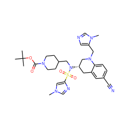 Cn1cnc(S(=O)(=O)N(CC2CCN(C(=O)OC(C)(C)C)CC2)[C@H]2Cc3cc(C#N)ccc3N(Cc3cncn3C)C2)c1 ZINC000014952311