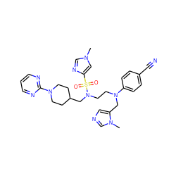 Cn1cnc(S(=O)(=O)N(CCN(Cc2cncn2C)c2ccc(C#N)cc2)CC2CCN(c3ncccn3)CC2)c1 ZINC000044069306