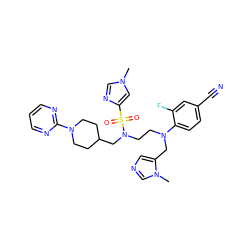 Cn1cnc(S(=O)(=O)N(CCN(Cc2cncn2C)c2ccc(C#N)cc2F)CC2CCN(c3ncccn3)CC2)c1 ZINC000064540182