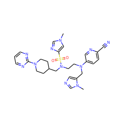 Cn1cnc(S(=O)(=O)N(CCN(Cc2cncn2C)c2ccc(C#N)nc2)CC2CCN(c3ncccn3)CC2)c1 ZINC000064541108