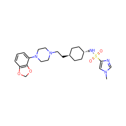 Cn1cnc(S(=O)(=O)N[C@H]2CC[C@H](CCN3CCN(c4cccc5c4OCO5)CC3)CC2)c1 ZINC000261082550