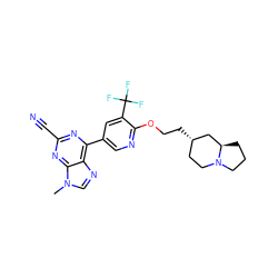 Cn1cnc2c(-c3cnc(OCC[C@H]4CCN5CCC[C@@H]5C4)c(C(F)(F)F)c3)nc(C#N)nc21 ZINC001772610245