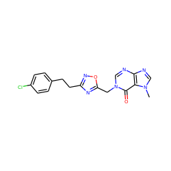 Cn1cnc2ncn(Cc3nc(CCc4ccc(Cl)cc4)no3)c(=O)c21 ZINC000211117709