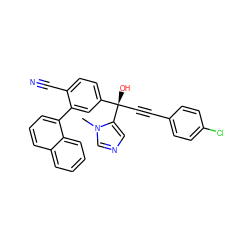 Cn1cncc1[C@@](O)(C#Cc1ccc(Cl)cc1)c1ccc(C#N)c(-c2cccc3ccccc23)c1 ZINC000013488742