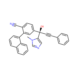 Cn1cncc1[C@@](O)(C#Cc1ccccc1)c1ccc(C#N)c(-c2cccc3ccccc23)c1 ZINC000013488740