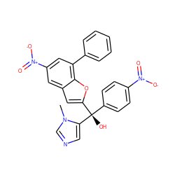 Cn1cncc1[C@@](O)(c1ccc([N+](=O)[O-])cc1)c1cc2cc([N+](=O)[O-])cc(-c3ccccc3)c2o1 ZINC000040409054