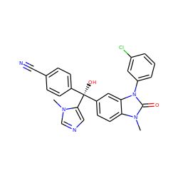 Cn1cncc1[C@@](O)(c1ccc(C#N)cc1)c1ccc2c(c1)n(-c1cccc(Cl)c1)c(=O)n2C ZINC000014955638