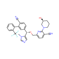 Cn1cncc1[C@@H](OCc1ccc(C#N)c(N2CCC[C@H](O)C2)n1)c1ccc(C#N)c(-c2ccccc2C(F)(F)F)c1 ZINC000001490808