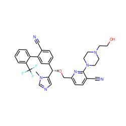 Cn1cncc1[C@@H](OCc1ccc(C#N)c(N2CCN(CCO)CC2)n1)c1ccc(C#N)c(-c2ccccc2C(F)(F)F)c1 ZINC000028353242