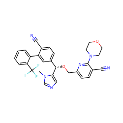 Cn1cncc1[C@@H](OCc1ccc(C#N)c(N2CCOCC2)n1)c1ccc(C#N)c(-c2ccccc2C(F)(F)F)c1 ZINC000028337417