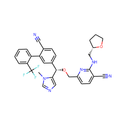 Cn1cncc1[C@@H](OCc1ccc(C#N)c(NC[C@@H]2CCCO2)n1)c1ccc(C#N)c(-c2ccccc2C(F)(F)F)c1 ZINC000028352650