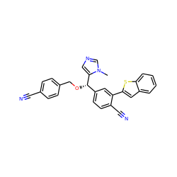 Cn1cncc1[C@@H](OCc1ccc(C#N)cc1)c1ccc(C#N)c(-c2cc3ccccc3s2)c1 ZINC000028348172