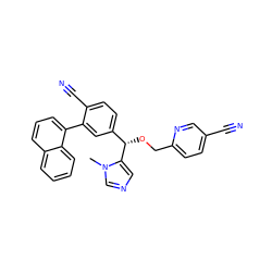 Cn1cncc1[C@@H](OCc1ccc(C#N)cn1)c1ccc(C#N)c(-c2cccc3ccccc23)c1 ZINC000013489572