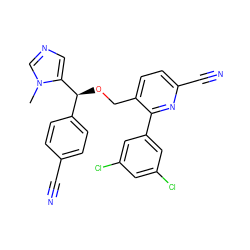 Cn1cncc1[C@@H](OCc1ccc(C#N)nc1-c1cc(Cl)cc(Cl)c1)c1ccc(C#N)cc1 ZINC000013489620