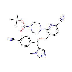 Cn1cncc1[C@@H](OCc1ccc(C#N)nc1N1CCN(C(=O)OC(C)(C)C)CC1)c1ccc(C#N)cc1 ZINC000013489622