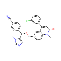 Cn1cncc1[C@@H](OCc1ccc2c(c1)c(-c1cccc(Cl)c1)cc(=O)n2C)c1ccc(C#N)cc1 ZINC000014955784