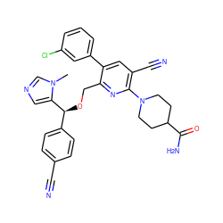 Cn1cncc1[C@@H](OCc1nc(N2CCC(C(N)=O)CC2)c(C#N)cc1-c1cccc(Cl)c1)c1ccc(C#N)cc1 ZINC000029337222