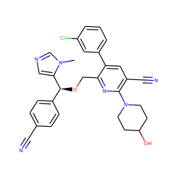 Cn1cncc1[C@@H](OCc1nc(N2CCC(O)CC2)c(C#N)cc1-c1cccc(Cl)c1)c1ccc(C#N)cc1 ZINC000029338088